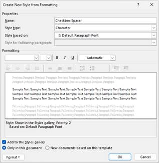 "Create New Style from Formatting" dialog box.